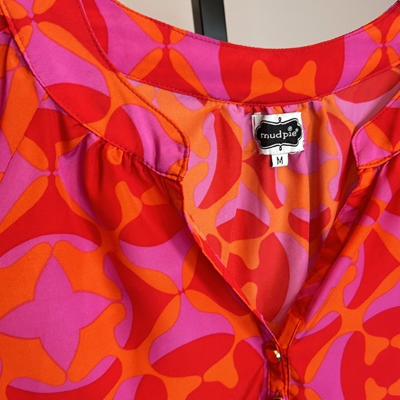 Mudpie Women’s Medium Long Sleeve Top 100% Polyester EUC Orange pink purple - Picture 7 of 11